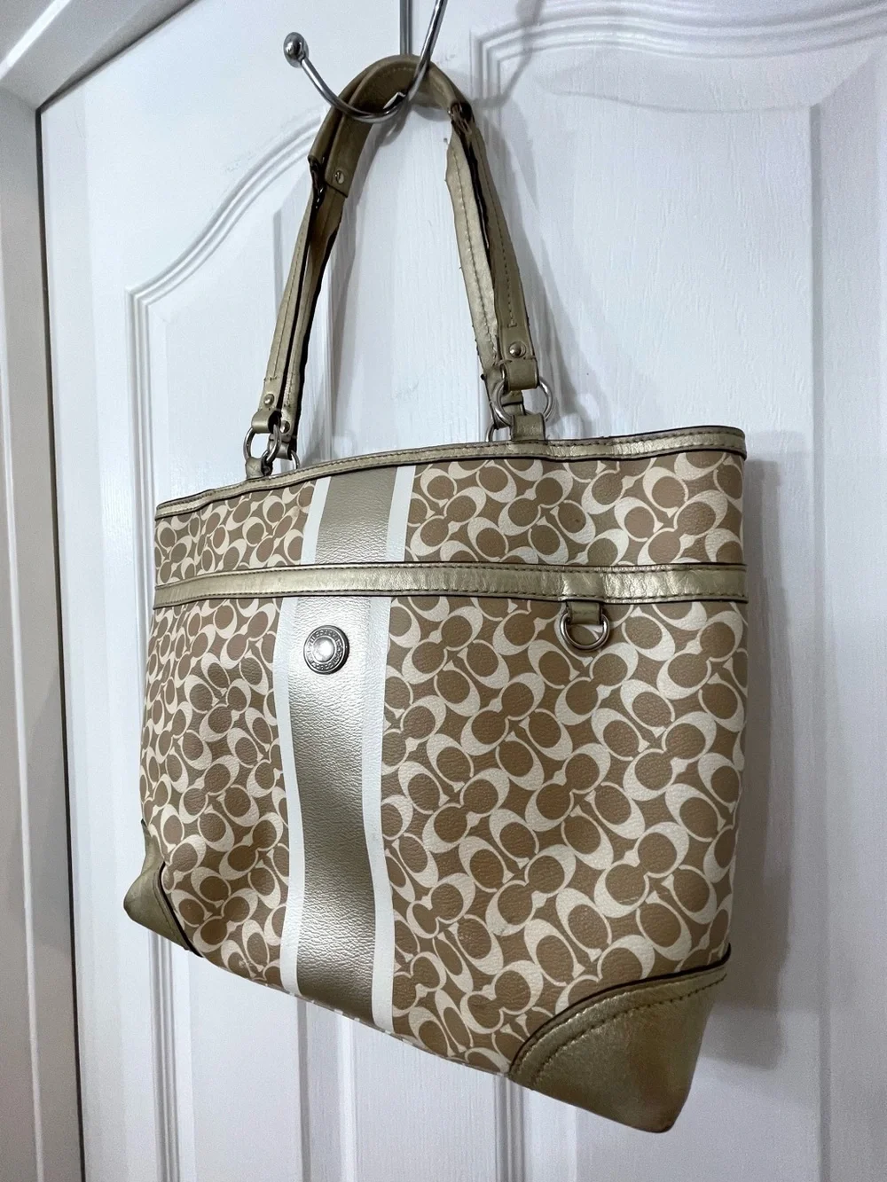 Coach Beige Signature Stripe Tote with Gold Trim